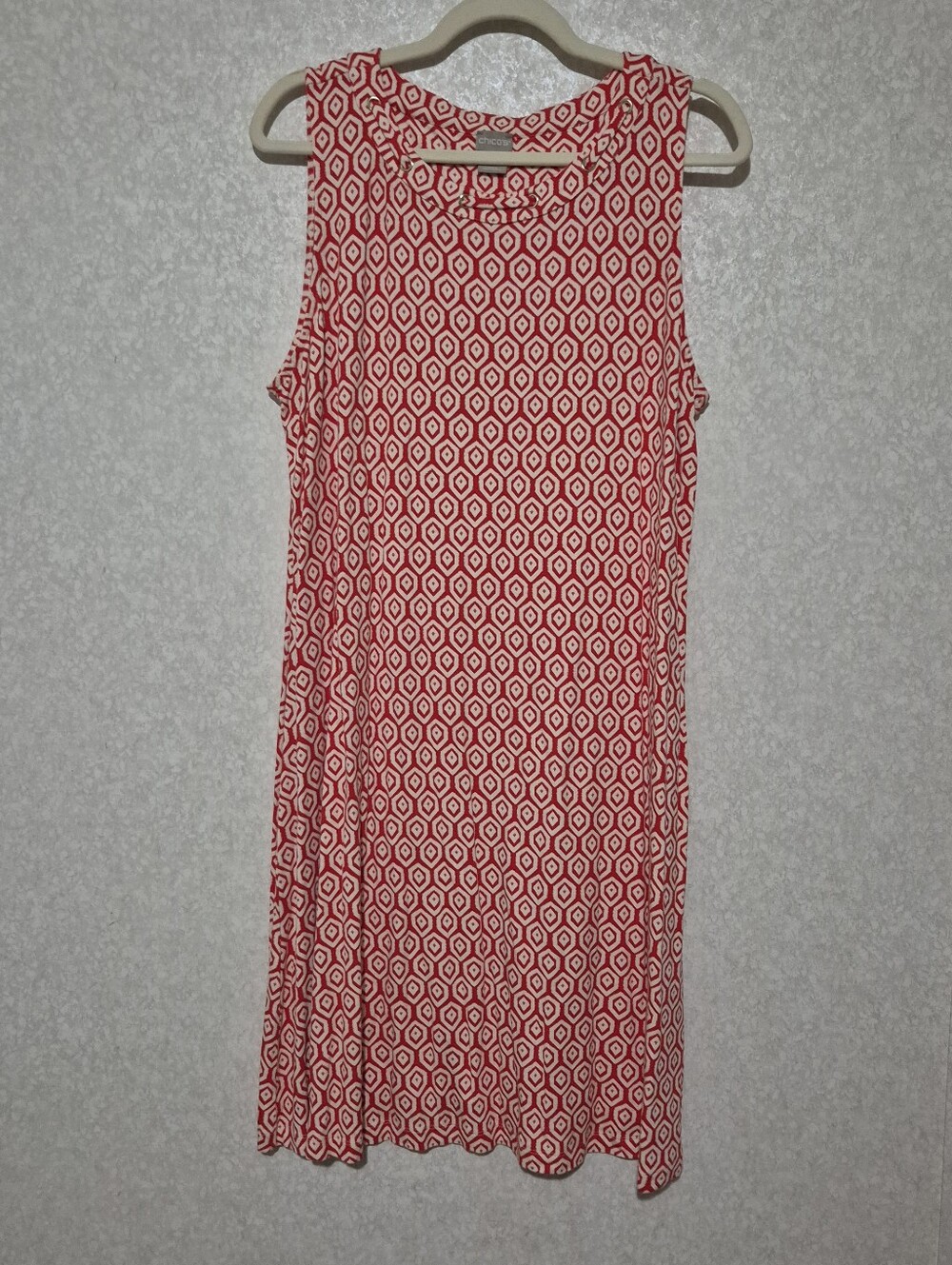 CHICOS Red/White  Geometric patterned Sleeveless Shift Midi women's Dress-3